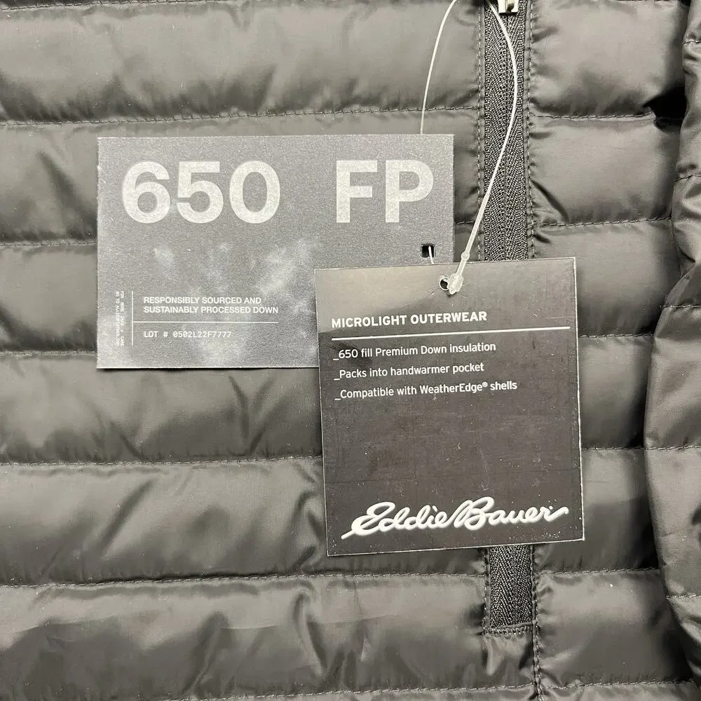 NWT Eddie Bauer Puffer Jacket Mens S Microlight Black 650 Goose Down